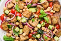 Chickpea Panzanella Salad with Tomatoes, Cucumbers & Basil