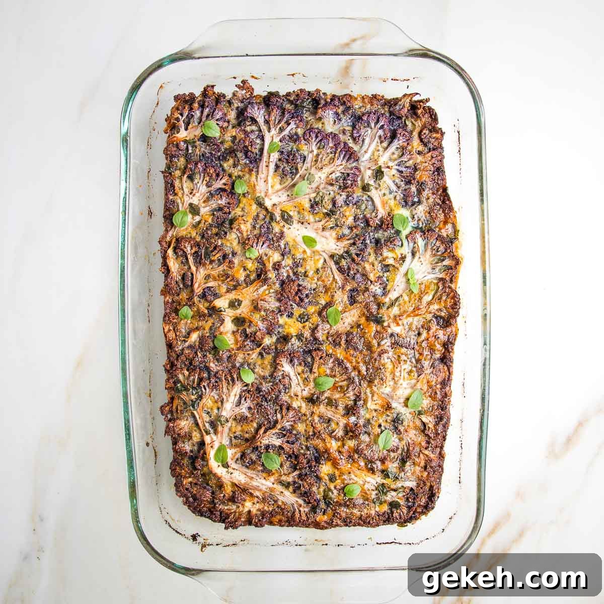 Baked cauliflower kugel in 9 x 13 pyrex.