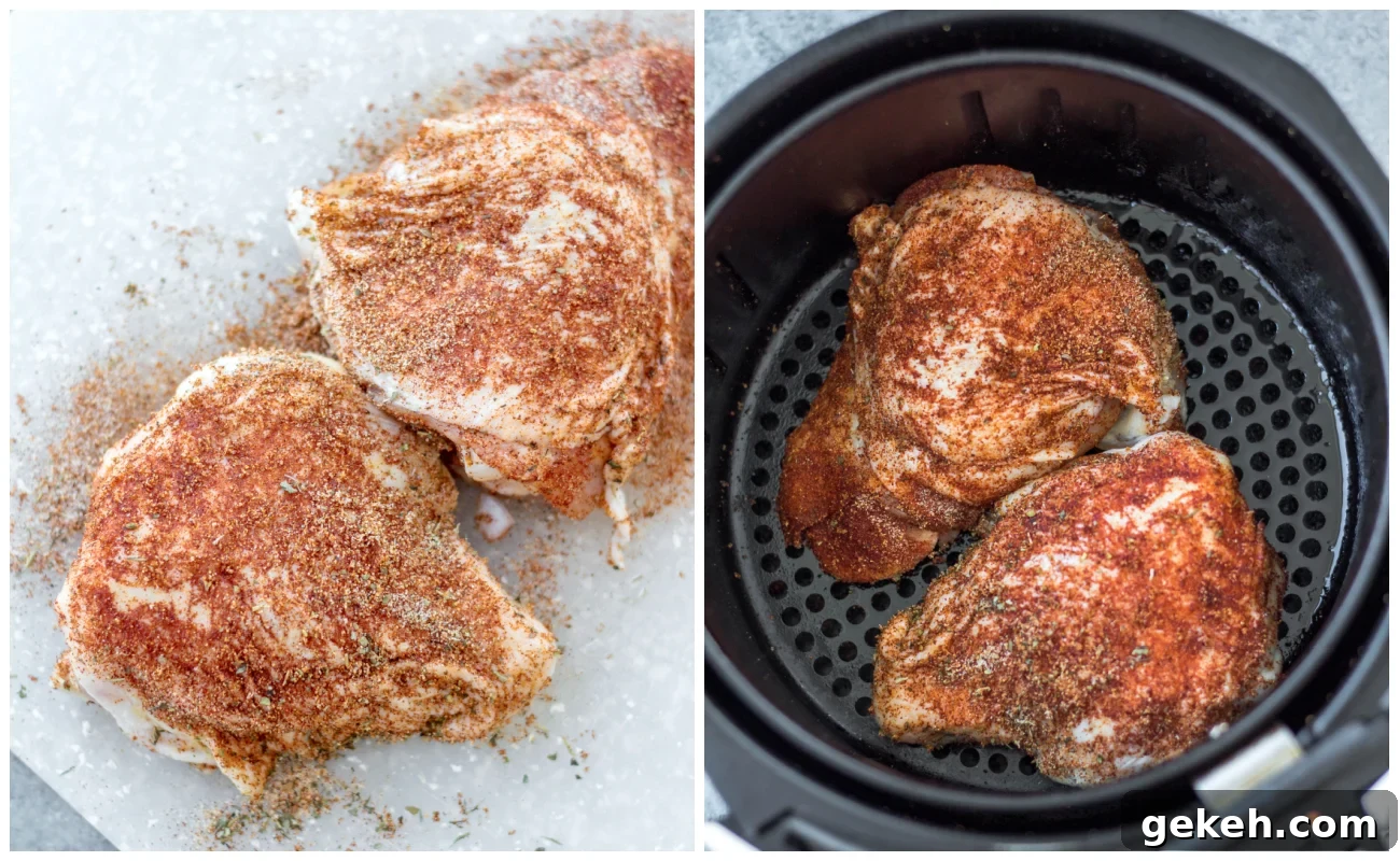 Air Fryer Bone-In Chicken Thighs | Whole30, Keto, Gluten-Free 3 Cooking air fryer bone in chicken thighs step by step