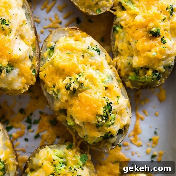 A square image of Cheddar and Broccoli Twice Baked Potatoes