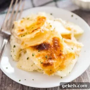 Classic Creamy Scalloped Potatoes Recipe from Mom 16 A plate of scalloped potatoes with a bowl of cheese and the pan of them in the background.