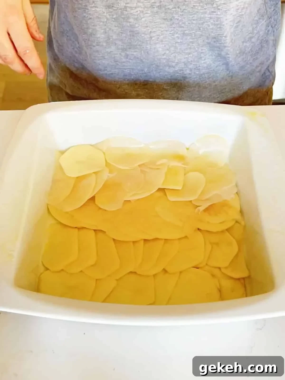 Classic Creamy Scalloped Potatoes Recipe from Mom 5 Thin sliced potatoes shingled into a single later in a baking pan.