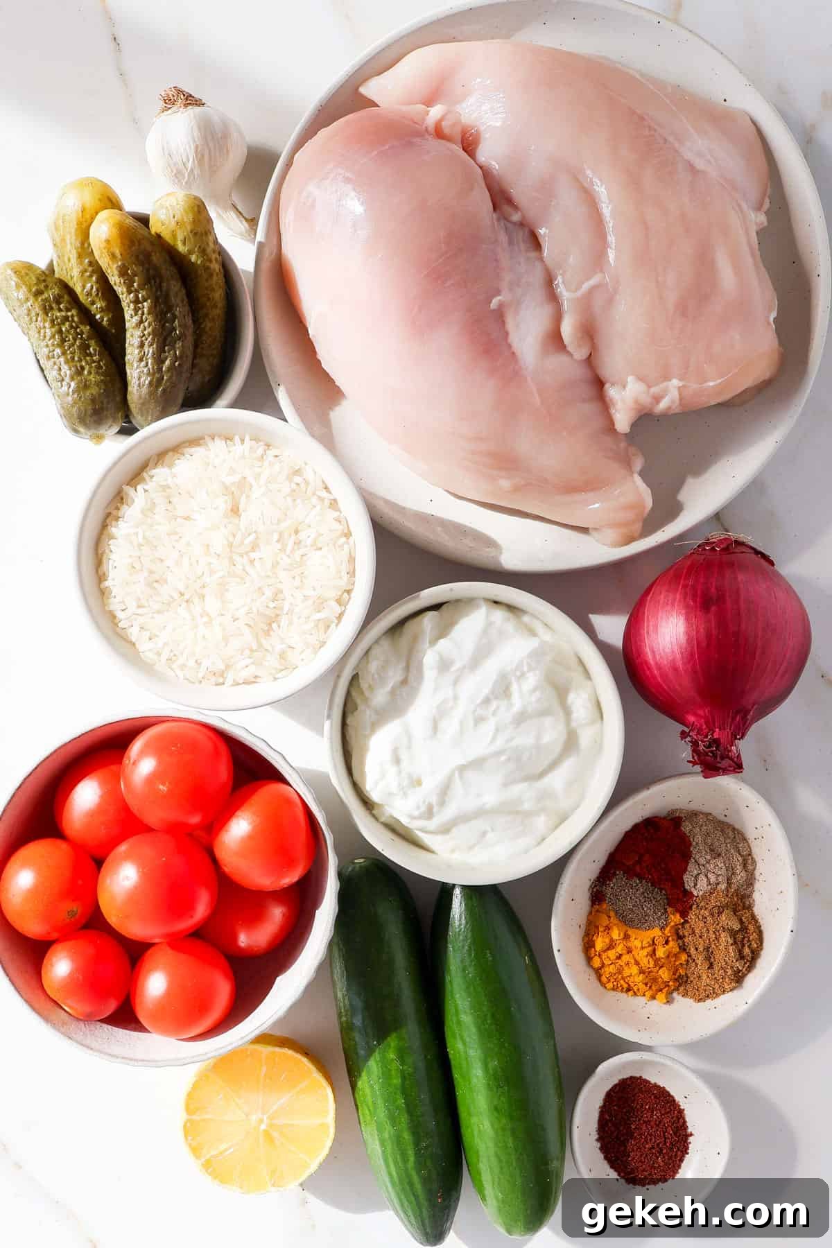 Chicken Shawarma Bowls with Garlic Sauce and Rice 4 Ingredients shown to make the bowls.