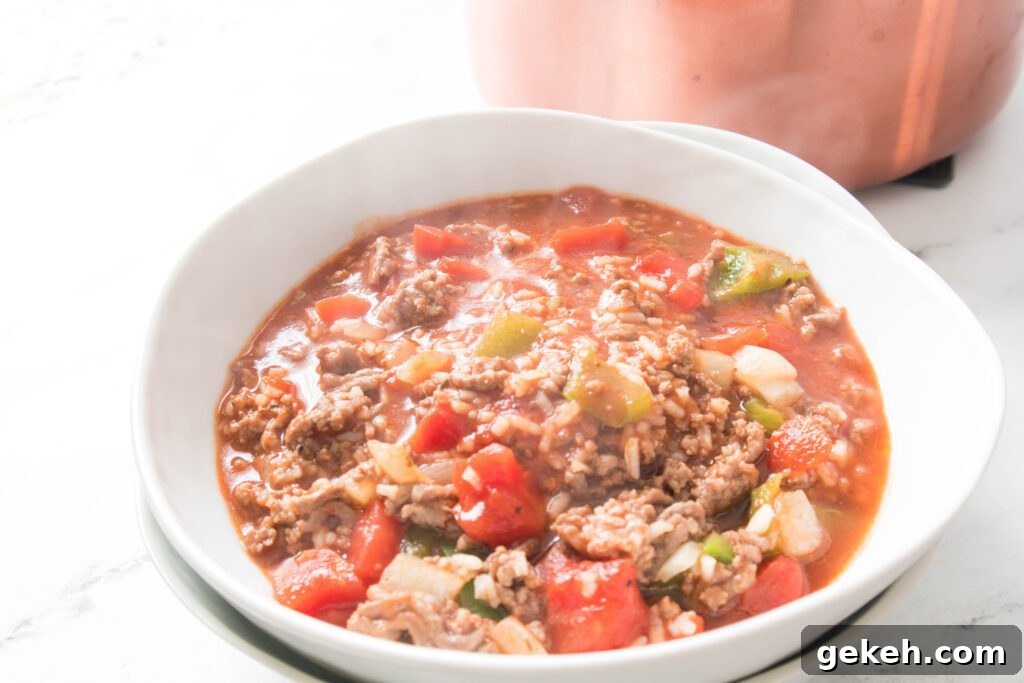 Hearty Stuffed Pepper Soup Recipe for Cozy Weeknight Meals 3 Stuffed Pepper Soup in a white bowl
