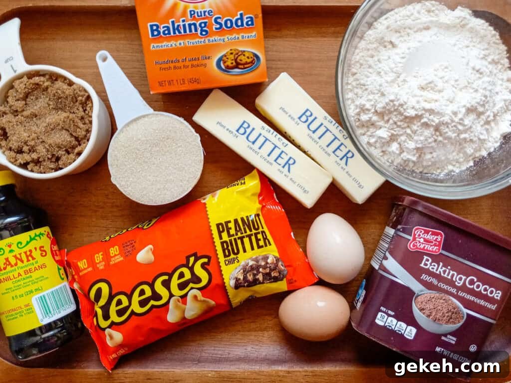 Amish Chocolate Peanut Butter Chip Cookies Recipe 2 Ingredients: flour, sugar, brown sugar, eggs, butter, vanilla, cocoa powder, baking soda, and Reese's peanut butter chips