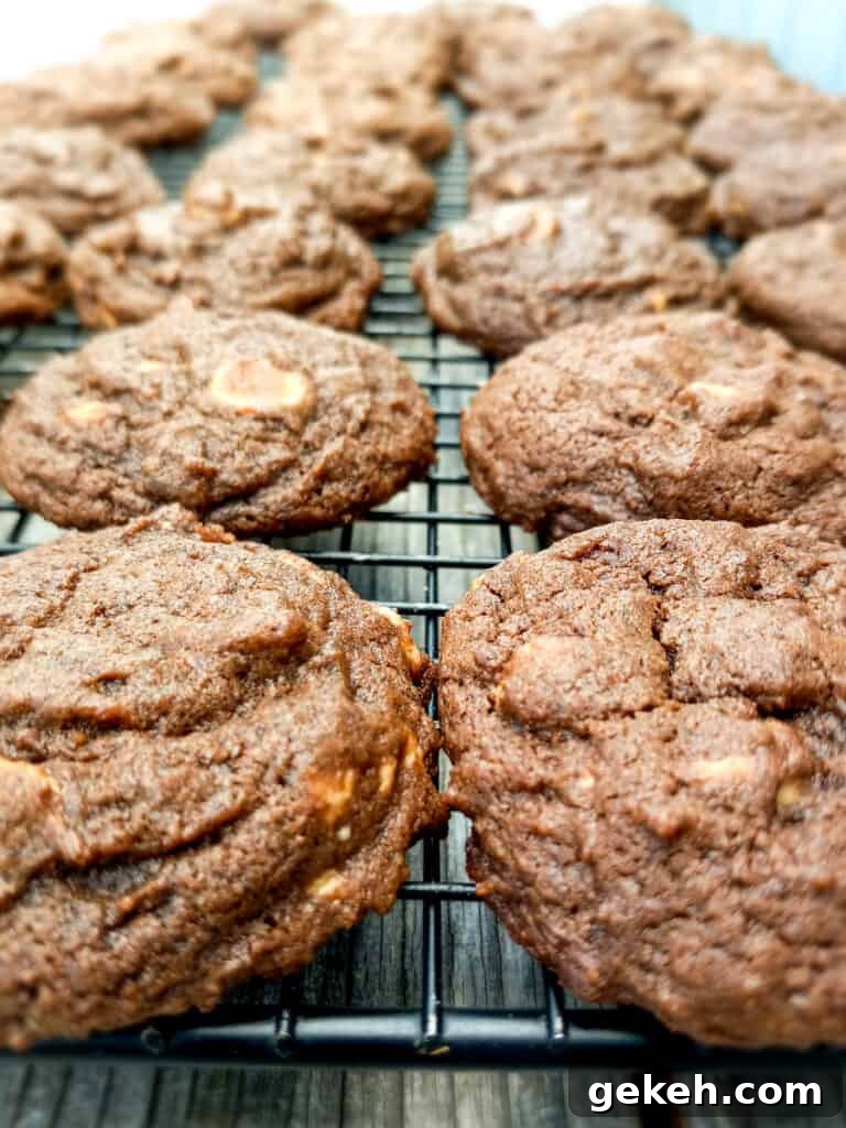 Amish Chocolate Peanut Butter Chip Cookies Recipe 4 chocolate peanut butter cookies on a cooling rack.