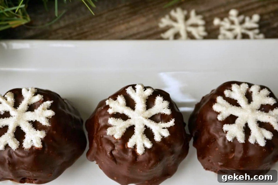 A white plate holding small cake bundtlettes frosted with chocolate ganache and topped with a sugar snowflake.
