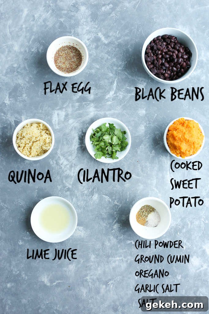 Sweet Potato and Black Bean Burger Recipe for Flavorful Veggie Patties 4 overhead shot All of the ingredients for sweet potato black bean burgers