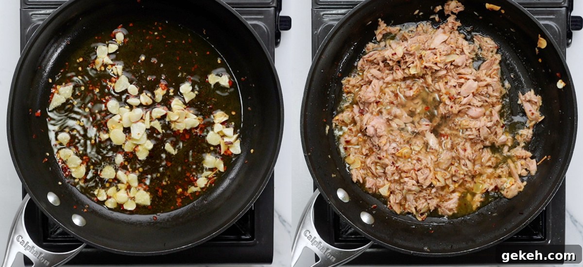 Quick Canned Tuna Pasta Recipe for Weeknight Dinners 5 Garlic and chili flakes roasted in olive oil. Tuna and white wine stirred in.