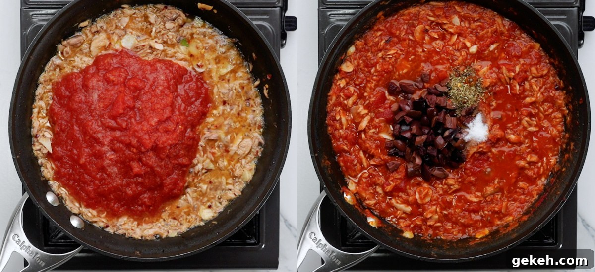 Quick Canned Tuna Pasta Recipe for Weeknight Dinners 6 Thick sauce with crushed tomatoes, chopped olives and seasonings.