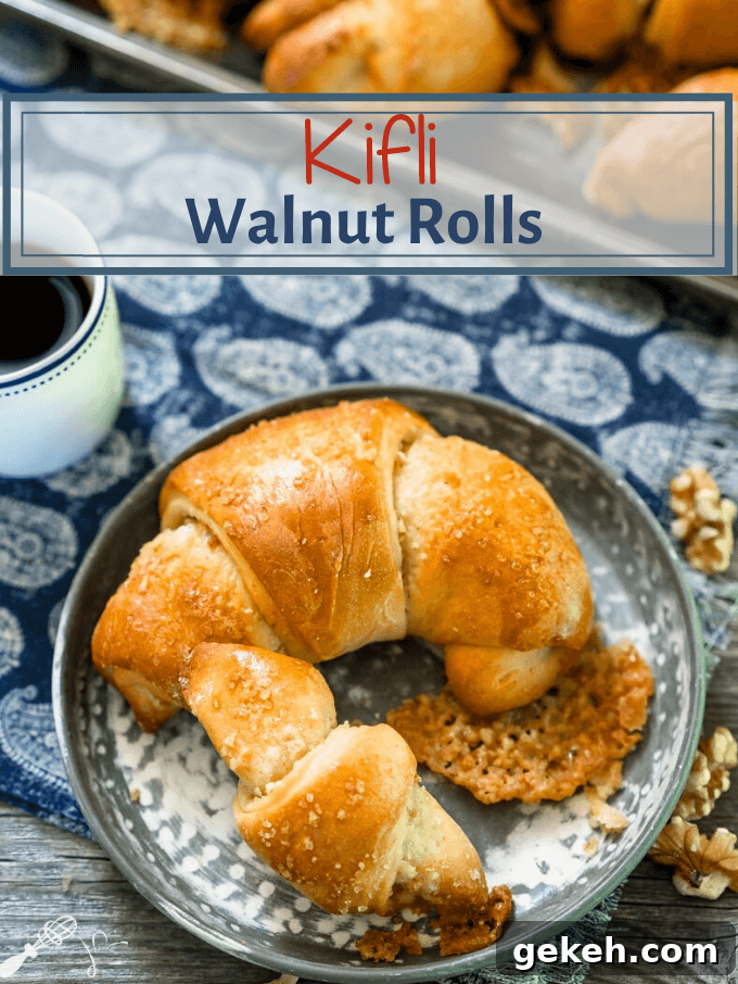 Authentic Kifli (Hungarian Walnut Roll) Recipe for Homemade Pastry 8 A top-down photo of a Kifli Walnut Roll sitting on a metal plate over a blue napkin. The title of the roll is on top and a cup of coffee sits to the back left.