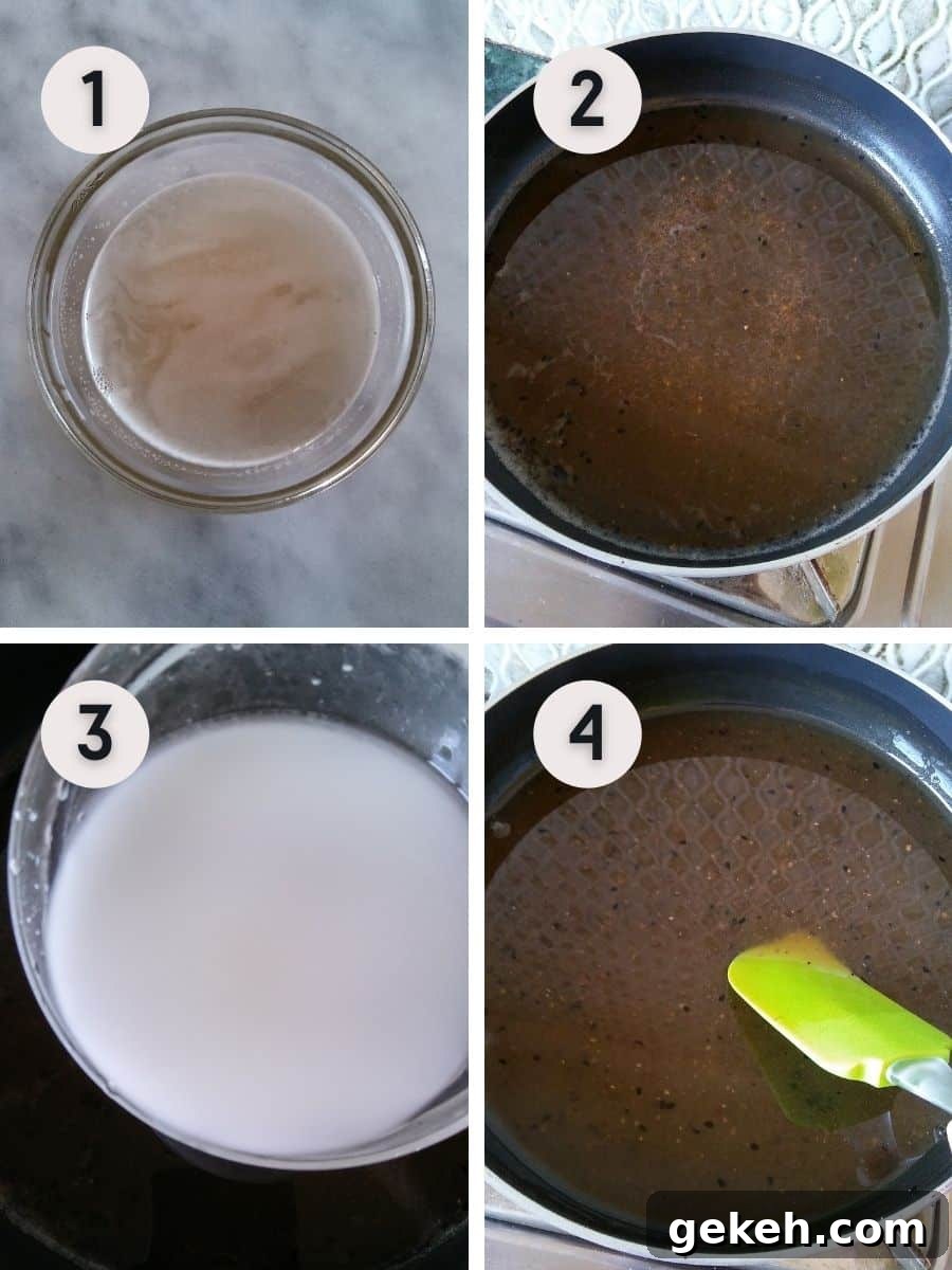 Four images showing preparing onion juice, then boiling with water and spices  for making sweet onion sauce.
