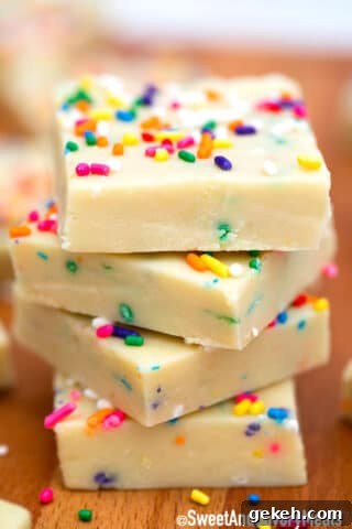 White chocolate fudge with sprinkles.