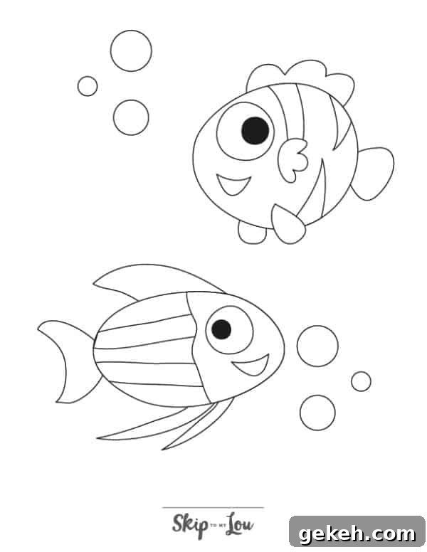 Printable Coloring Pages for All Ages — Free Downloadable Sheets 2 black and white easy coloring page of two fish and bubbles from skip to my lou