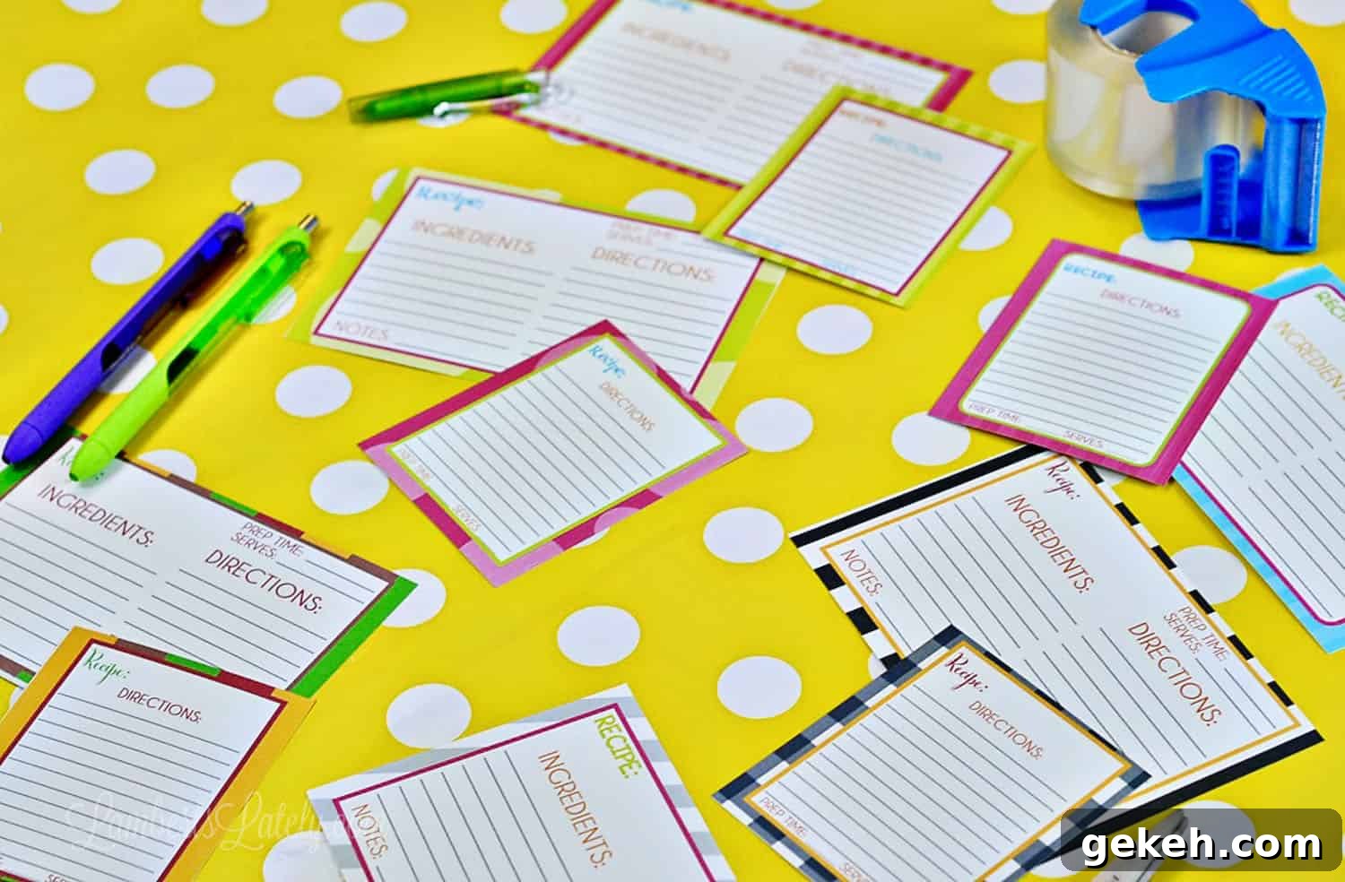 48 Printable Blank Recipe Cards PDF — Editable & Free Templates 2 printable recipe cards on a yellow polka dot background.