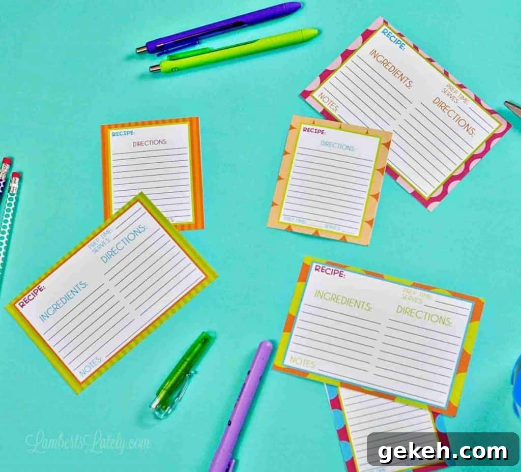 48 Printable Blank Recipe Cards PDF — Editable & Free Templates 3 recipe cards and office supplies on a blue background.