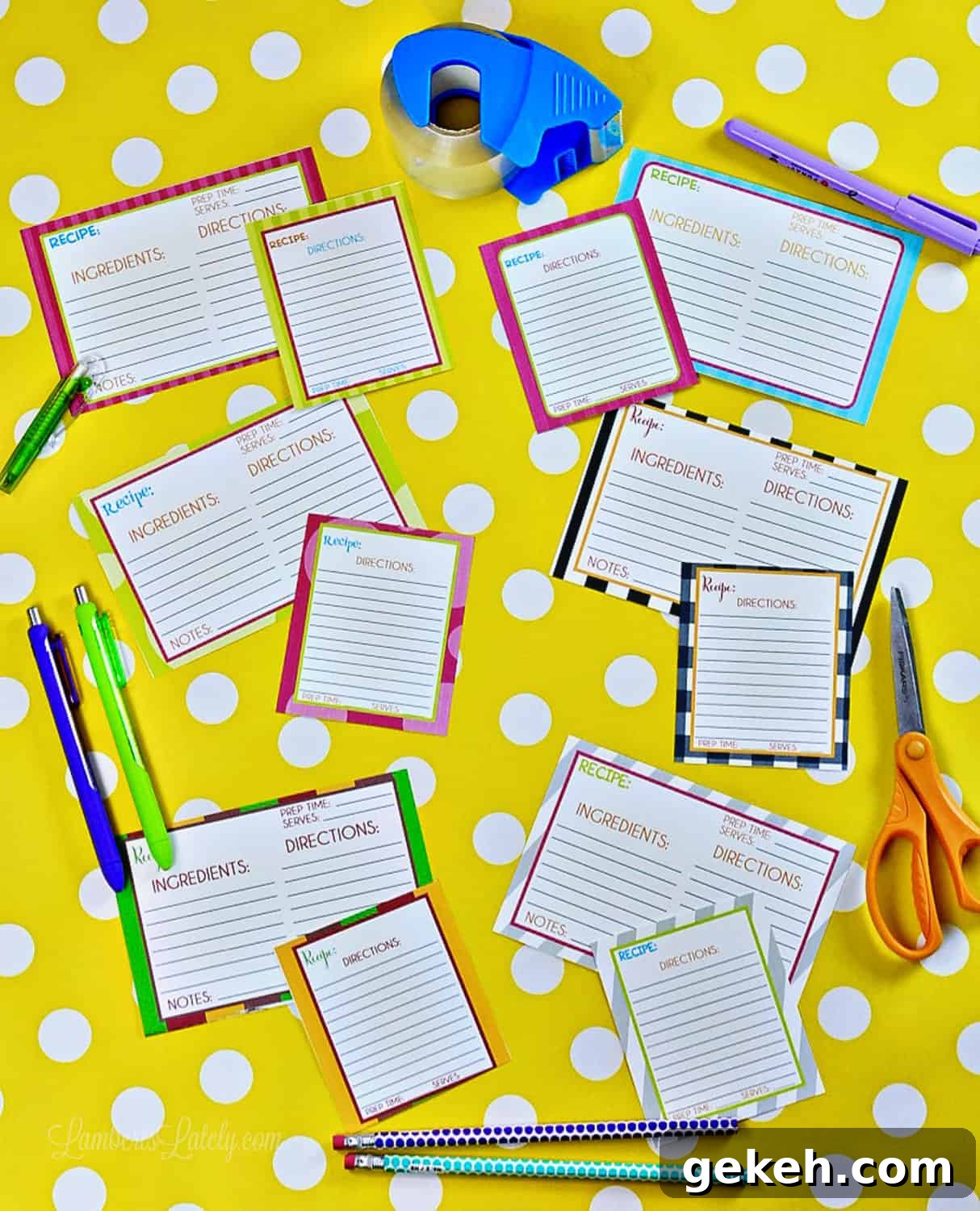 48 Printable Blank Recipe Cards PDF — Editable & Free Templates 4 printable recipe cards on a yellow polka dot background.