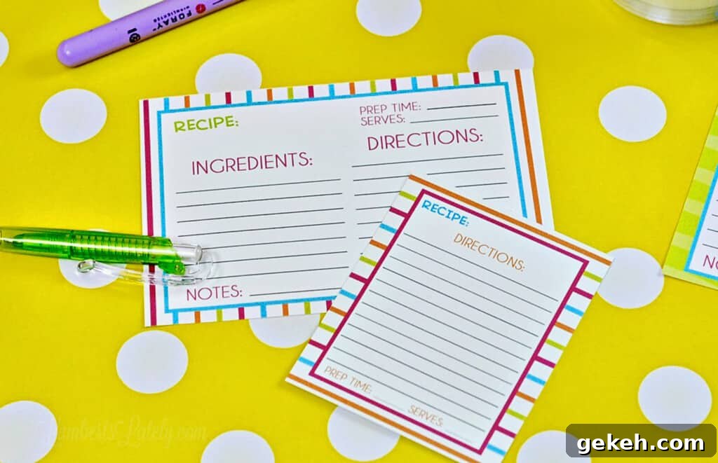 48 Printable Blank Recipe Cards PDF — Editable & Free Templates 5 striped recipe cards on a yellow polka dot background.