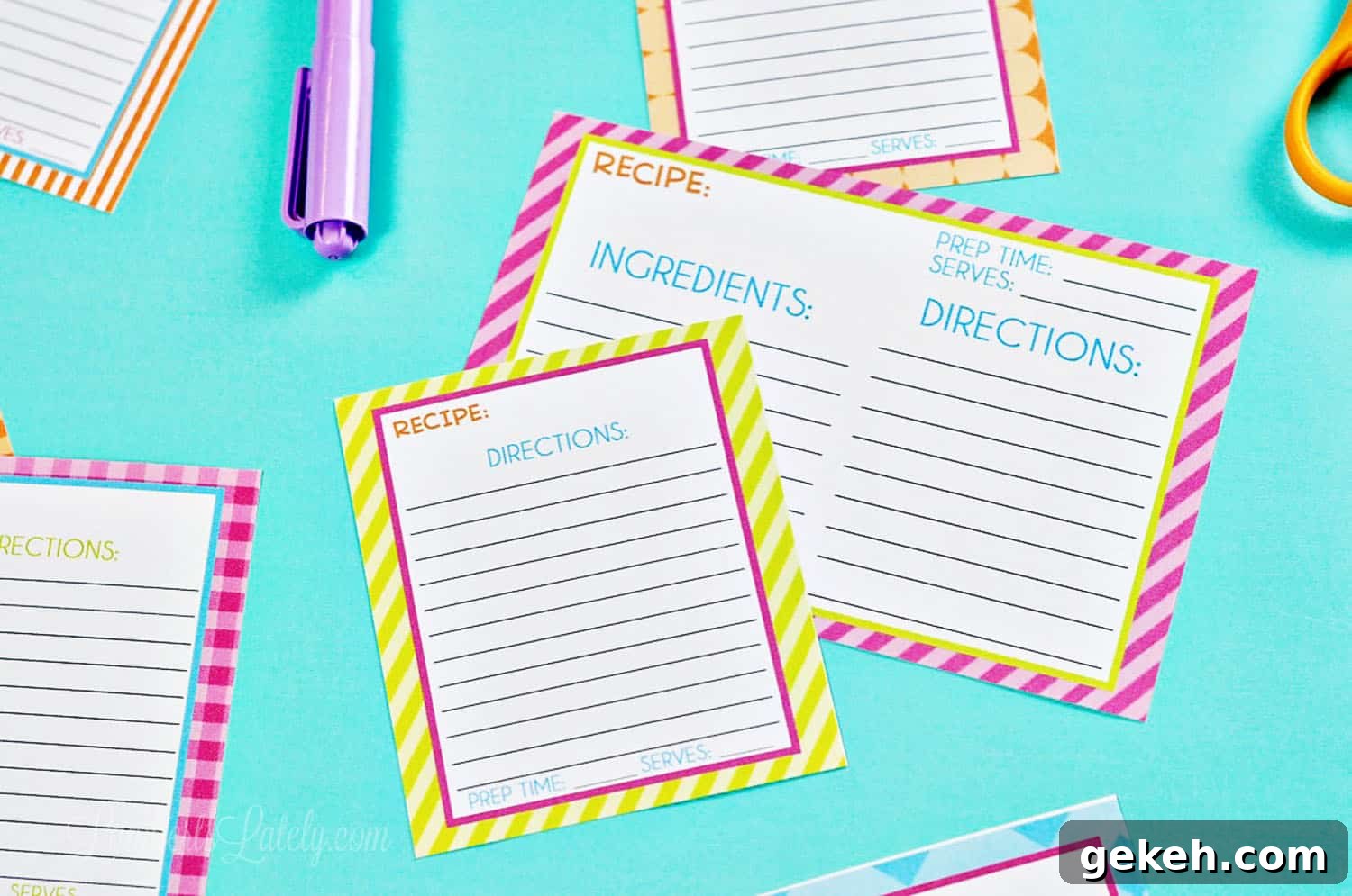 48 Printable Blank Recipe Cards PDF — Editable & Free Templates 6 striped recipe cards on a blue background.