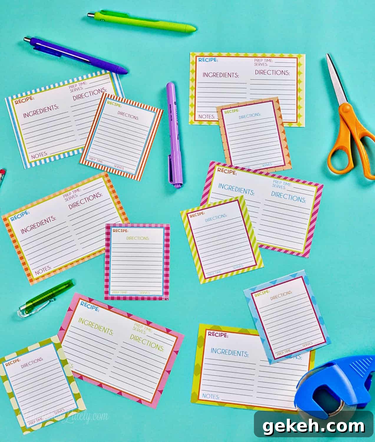 48 Printable Blank Recipe Cards PDF — Editable & Free Templates 7 recipe card printables and office supplies on a blue background.