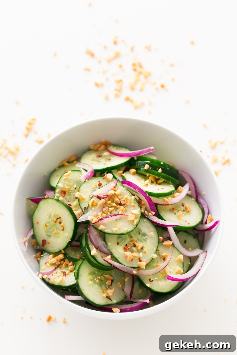 Refreshing Thai Cucumber Salad Recipe with Tangy Dressing 4 Thai Cucumber Salad - Thai cucumber salad, made in less than 10 minutes, using simple ingredients. It's so tasty, healthy, refreshing and the perfect side dish. #vegan #glutenfree #simpleveganblo