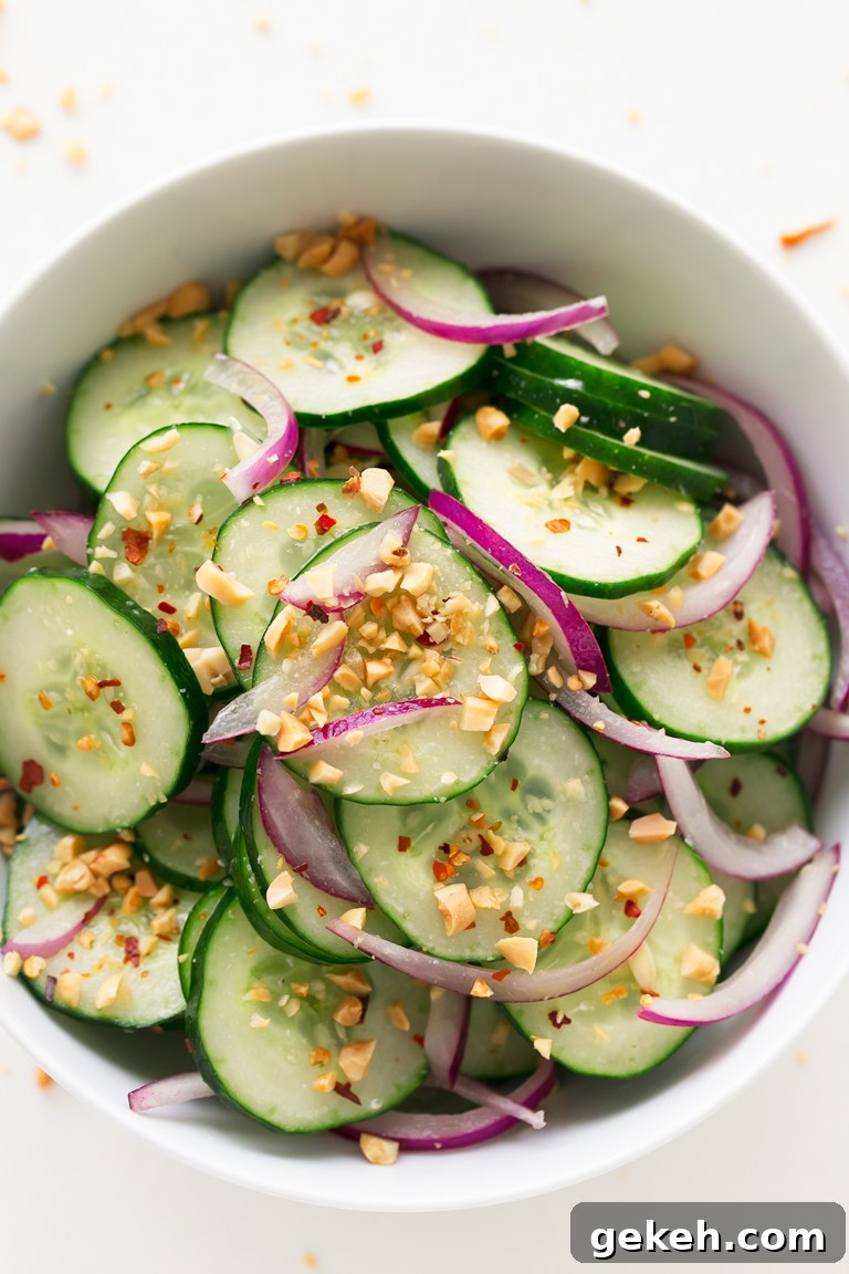 Refreshing Thai Cucumber Salad Recipe with Tangy Dressing 5 Thai Cucumber Salad - Thai cucumber salad, made in less than 10 minutes, using simple ingredients. It's so tasty, healthy, refreshing and the perfect side dish. #vegan #glutenfree #simpleveganblo