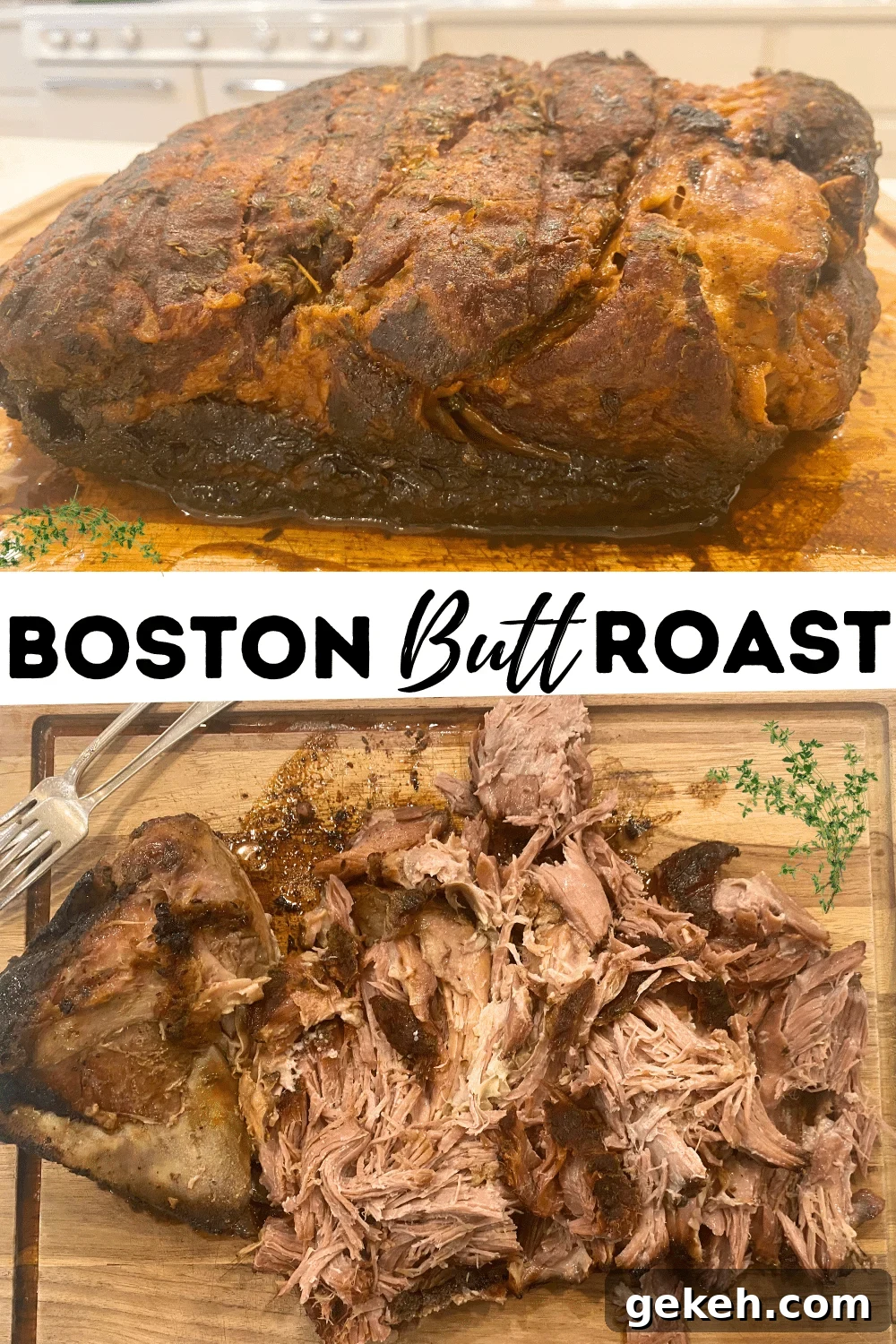 boston butt pork roast resting and cut on cutting board with text