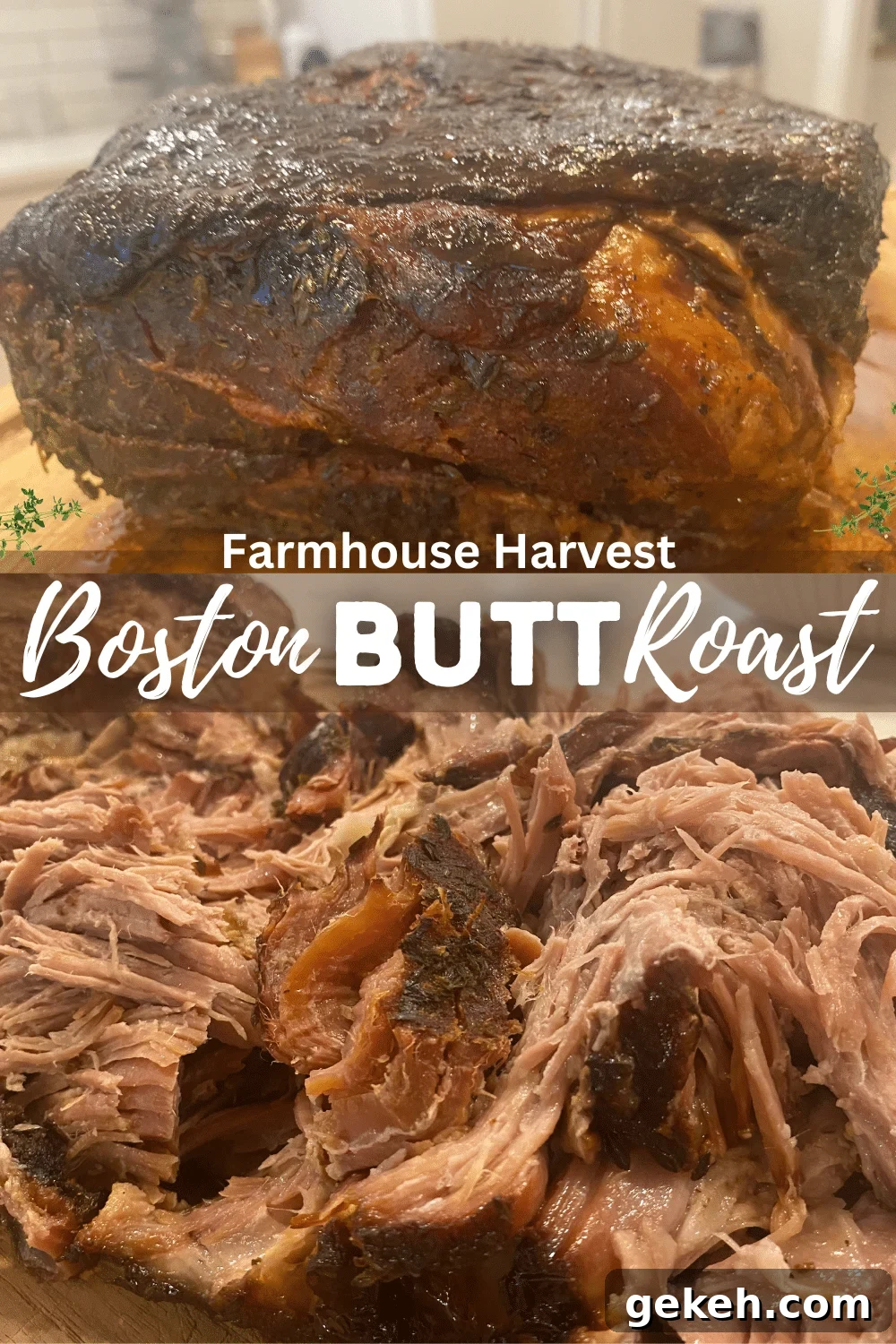 boston butt pork roast finished and resting with text and boston butt roast falling apart on cutting board