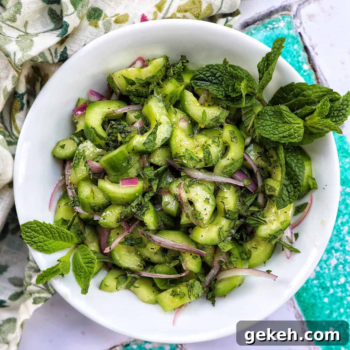 bowl of cucumber mint salad.