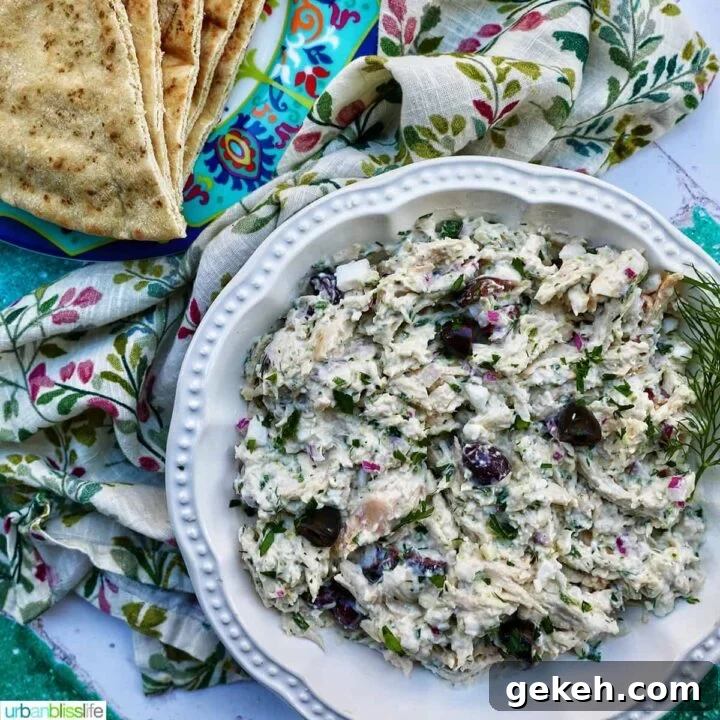 bowl of chicken tzatziki salad with side of pita bread.