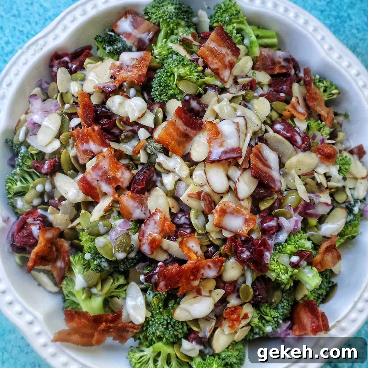 broccoli crunch salad in a white bowl.