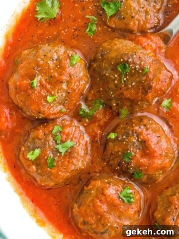 A bowl of meatballs in tomato sauce, garnished with fresh parsley.