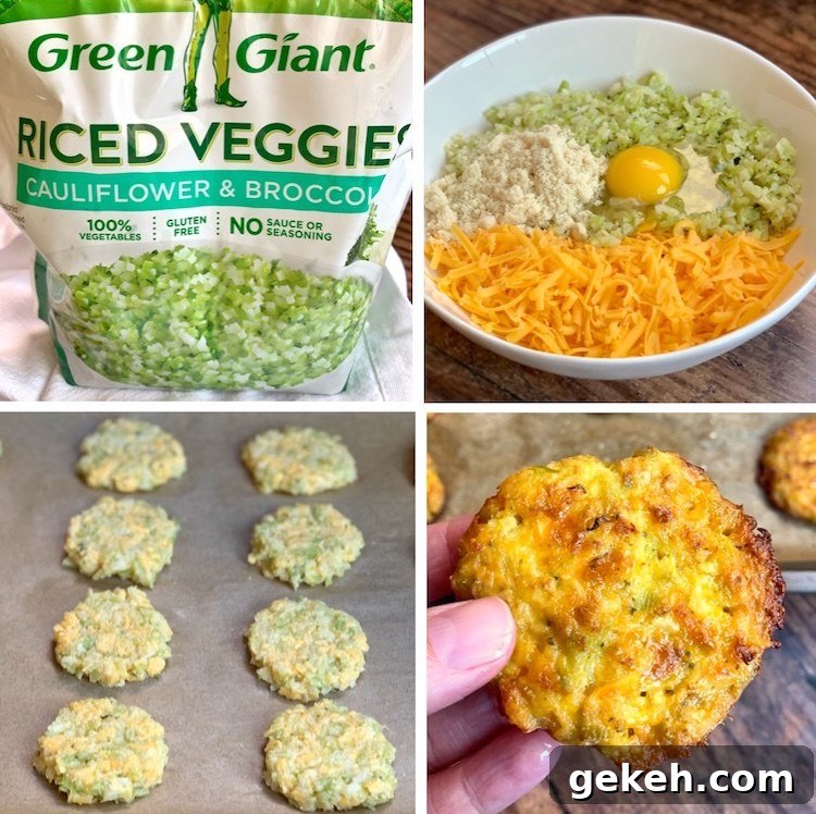 Step By Step Instructions: How to make crispy broccoli cheese bites for a healthy snack with frozen broccoli or cauliflower rice. 