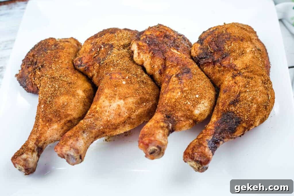 Four seasoned and cooked chicken leg quarters arranged in a row on a white plate.