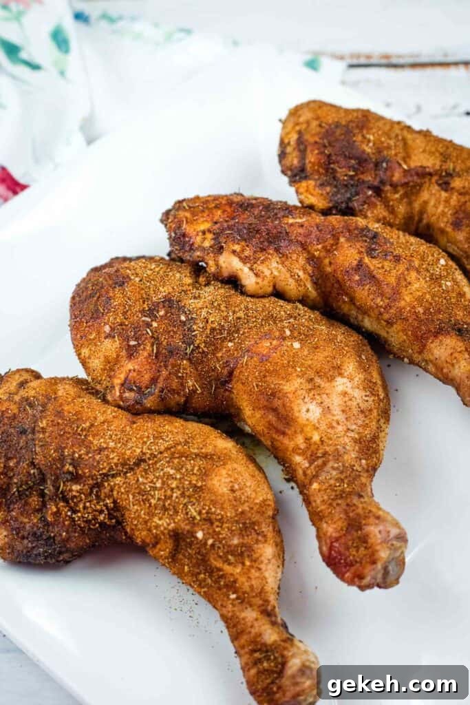 Four seasoned, baked chicken legs arranged on a white rectangular plate.