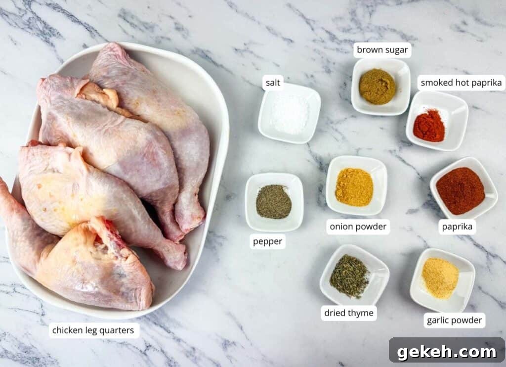 Raw chicken leg quarters on a plate next to small bowls containing salt, pepper, dried thyme, onion powder, garlic powder, brown sugar, smoked hot paprika, and paprika.