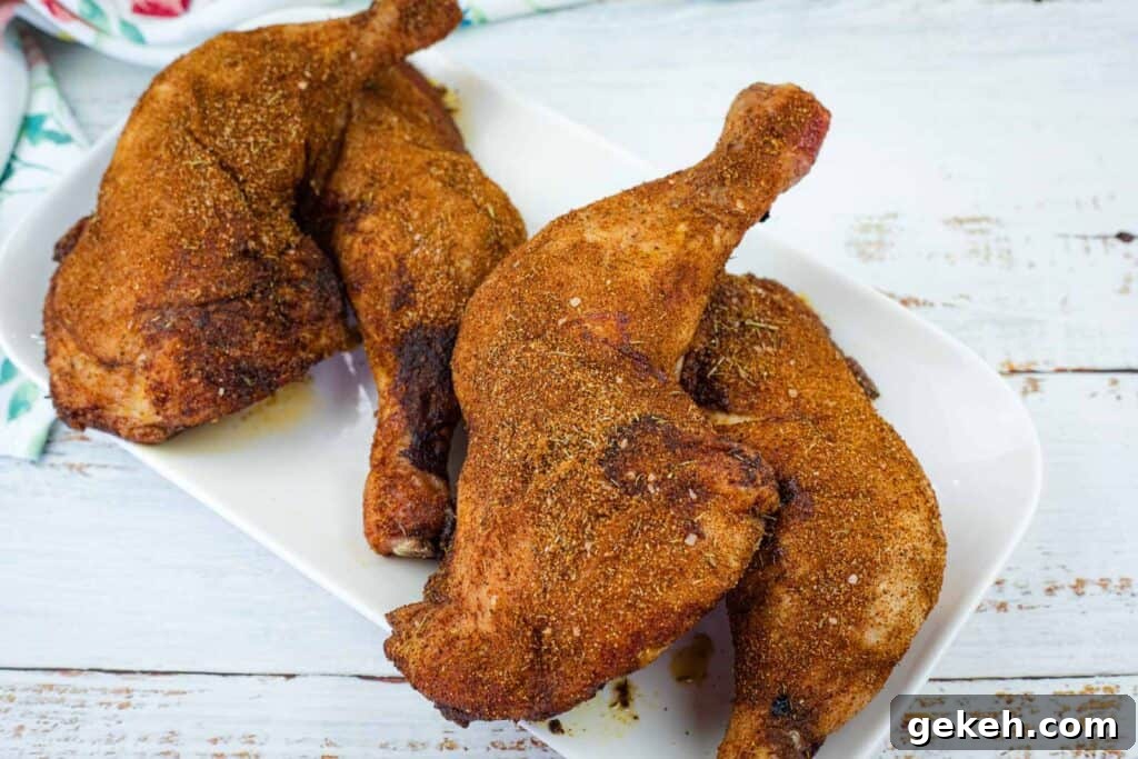 Three seasoned and cooked chicken legs are arranged on a white rectangular plate, placed on a rustic white wooden surface.