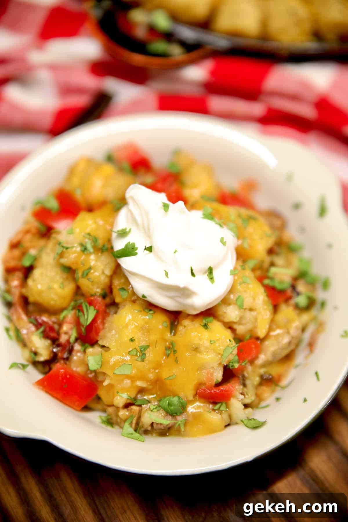Brisket cowboy casserole recipe on pellet grill. Cowboy Casserole in a bowl with sour cream and tomatoes.