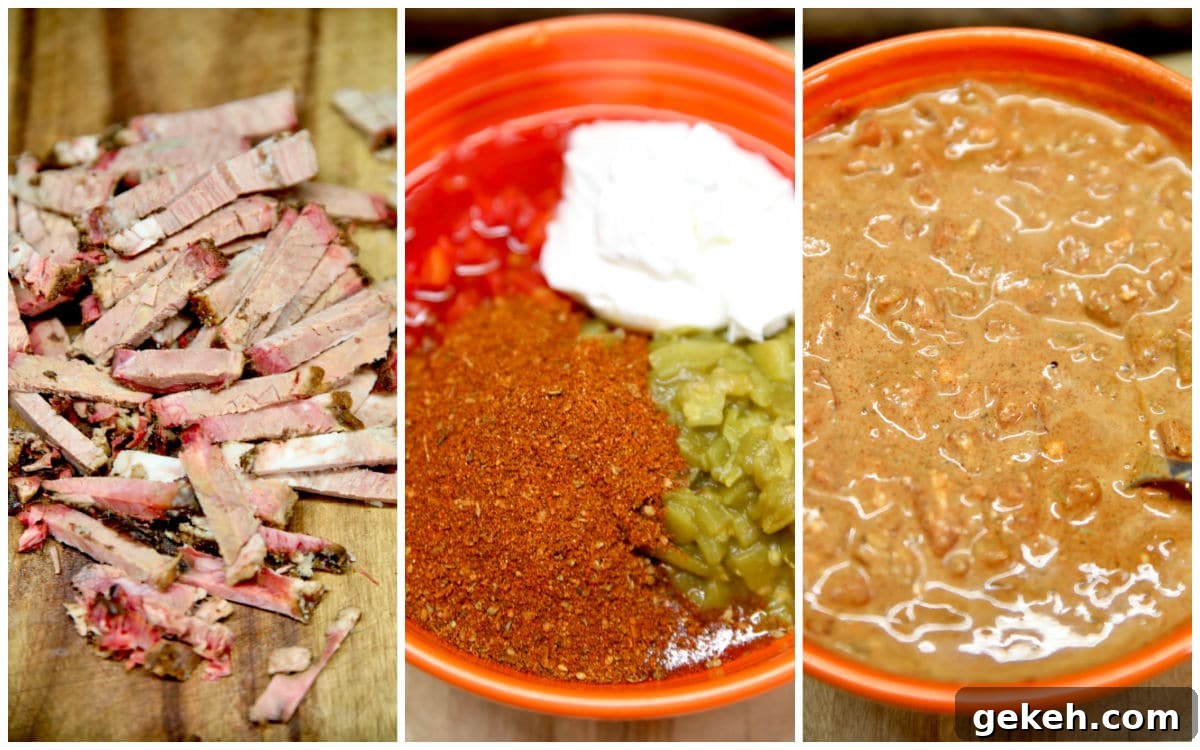 Cowboy casserole with smoked brisket. Collage: chopped brisket, tomatoes, green chiles, sour cream, taco seasoning, combined.