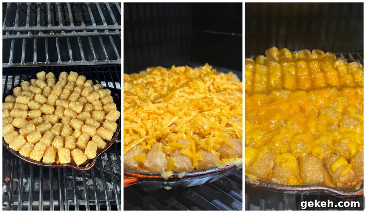 Brisket Tater Tot Casserole recipe. Collage cooking tater tot casserole on a pellet grill.