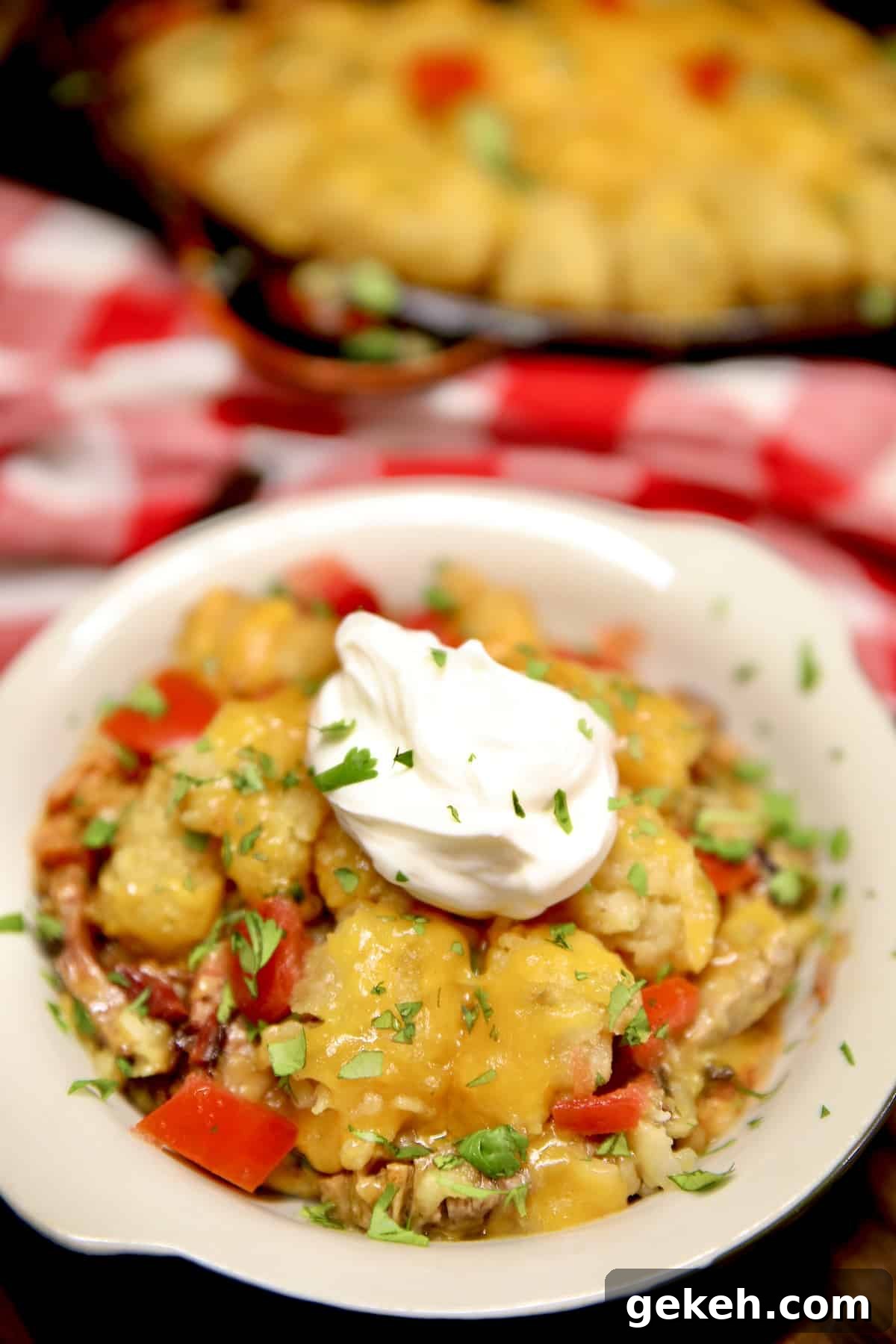 Tater tot casserole with smoked brisket. Cowboy casserole with cheesy tater tots.