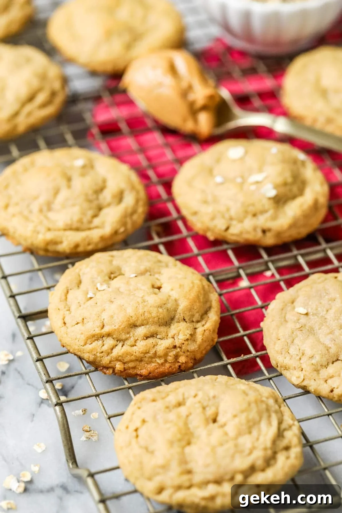Chewy Peanut Butter Oatmeal Cookie Recipe 2 Peanut butter oatmeal cookies cooling on a gold cooling rack