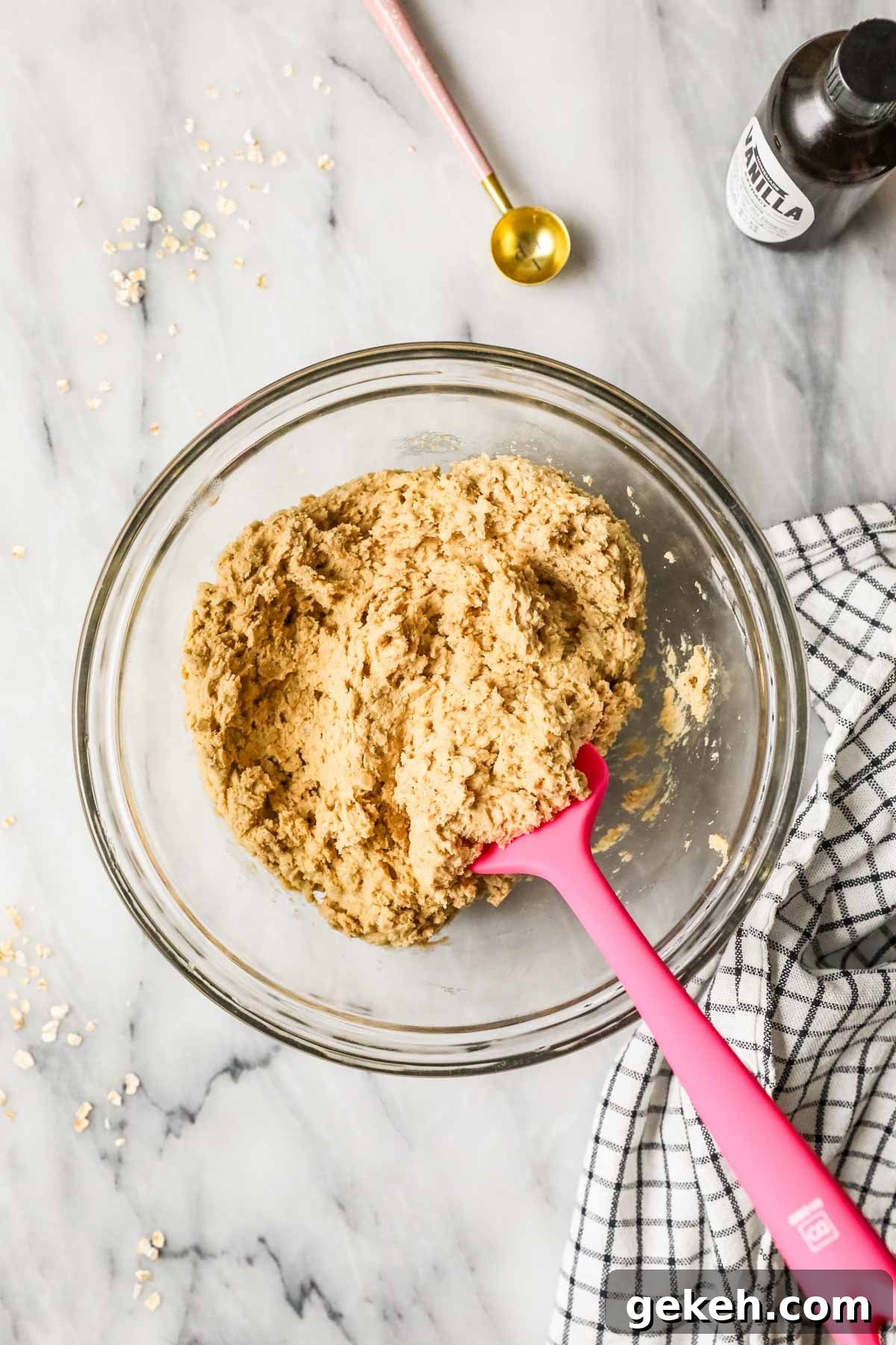 Chewy Peanut Butter Oatmeal Cookie Recipe 4 Cookie dough in a glass mixing bowl