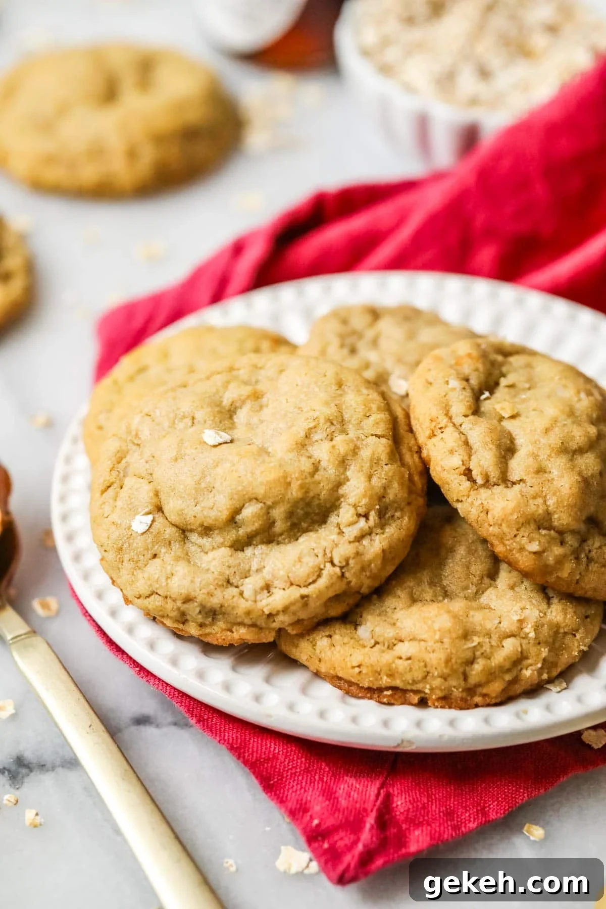 Chewy Peanut Butter Oatmeal Cookie Recipe 5 peanut butter cookies with oatmeal on a white plate