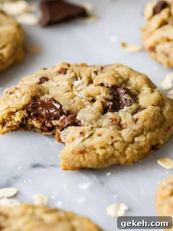 Chewy Peanut Butter Oatmeal Cookie Recipe 9 Close-up of a brown butter oatmeal chocolate chip cookie