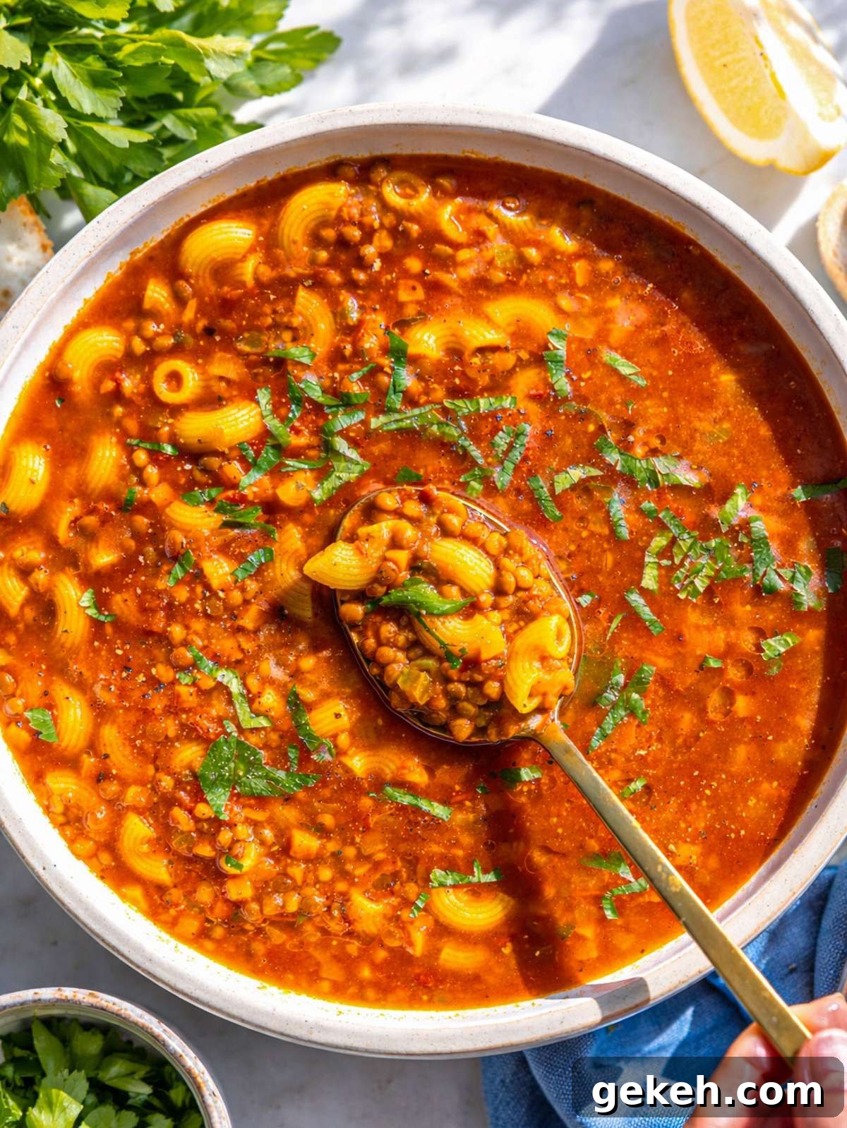 Bowl of lentil noodle soup with parsley and lemon on the side.