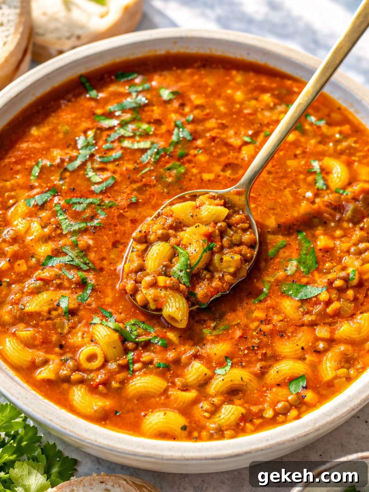 Close up spoonful of lentil noodle soup with pasta and lentils.