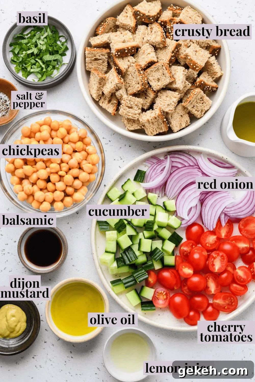 This panzanella salad pairs crispy bread with chickpeas, crunchy veggies, and balsamic vinaigrette. A summer salad that eats like a meal! Panzanella salad ingredients.