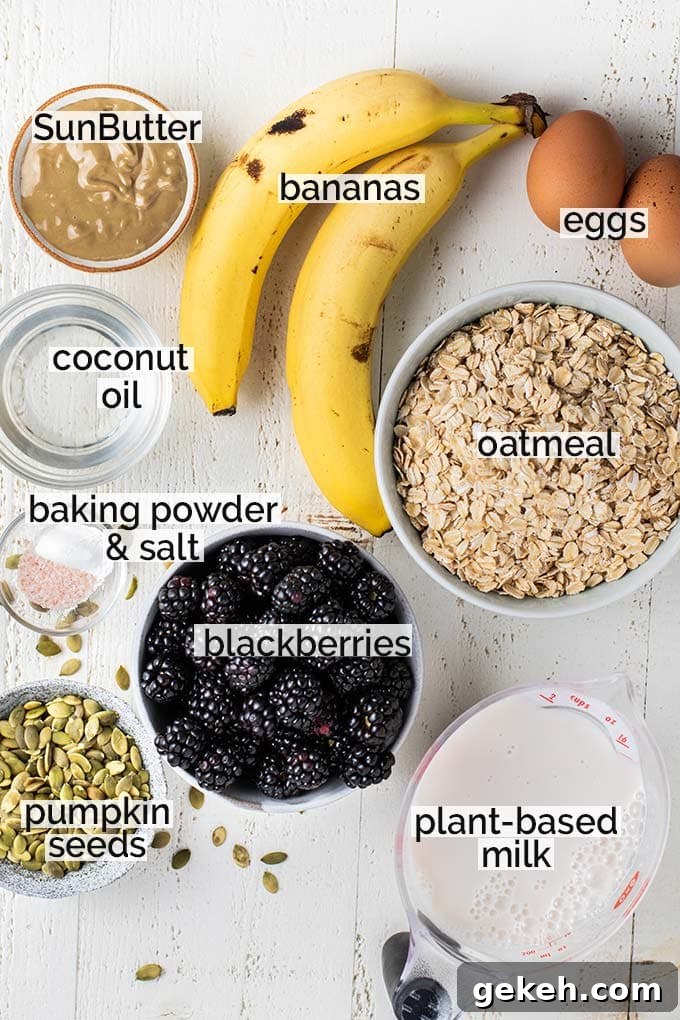 The ingredients in this baked oatmeal recipe labeled and shown ready to put together.