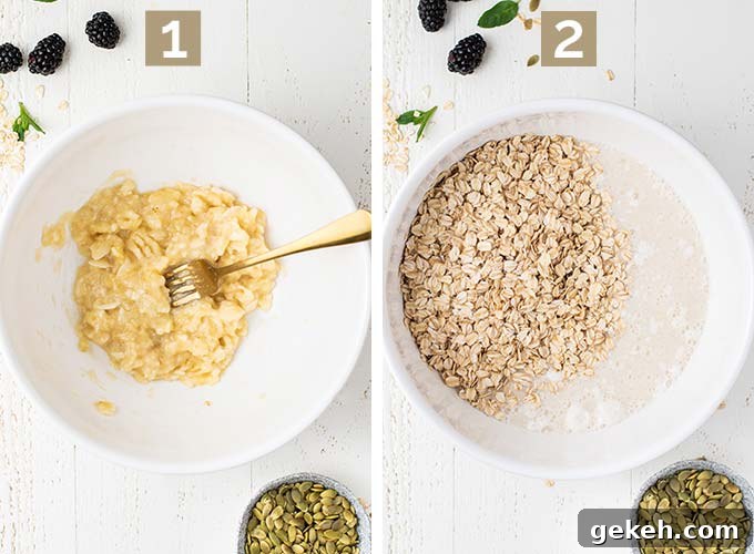 Two images showing steps 1 and 3 of the process, mashing the banana and mixing the wet ingredients with the oatmeal.